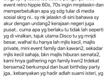 SEBAHAGIAN tangkap layar permohonan maaf penganjur bertemakan retro hippie 60-an dan 70-an di tepi Sungai Kelantan kelmarin.