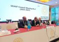 Ketua Pegawai Eksekutif (CEO) MASOC, Abdul Rashid Yaakub (tengah) dalam sidang media selepas menghadiri Mesyuarat SEAGF Kedua di sini hari ini.