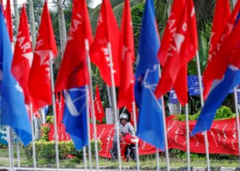 BENDERA Barisan Nasional (BN) dan Pakatan Harapan (PH) dipasang oleh wakil calon masing-masing memenuhi sekitar pekan Rengit menjelang hari mengundi Sabtu ini.