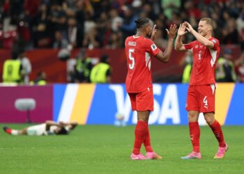 PEMAIN Switzerland meraikan kejayaan mereka selepas berjaya mara ke pusingan 16 terbaik Piala Dunia 2026. - AFP