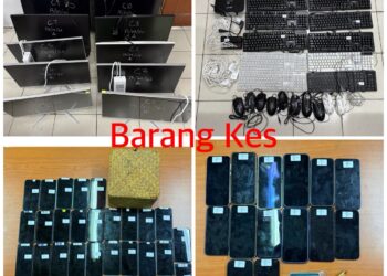 BARANG yang dirampas daripada kegiatan penipuan dalam talian menerusi dua serbuan berasingan di sekitar Ipoh Isnin lalu.