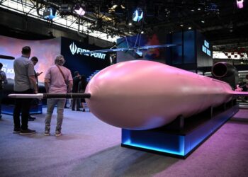 PELURU berpandu FP-5 Flamingo dan dron FP-1 milik syarikat teknologi pertahanan Ukraine, Fire Point dipamerkan pada pameran Eurosatory di Villepinte, Paris.- AFP