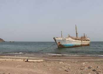 GAMBAR yang diambil dari pantai Yemen di barat daya Taiz menunjukkan kapal berlabuh di Selat Bab el-Mandeb di Laut Merah.- AFP