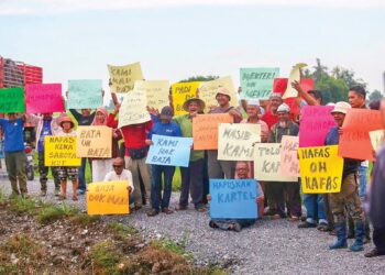 SEBAHAGIAN petani di kawasan Pida 15 mengadakan perhimpunan aman menuntut pengagihan baja tambahan disegerakan di Kubang Pasu, Kedah semalam.