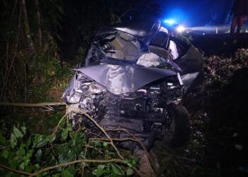 KEADAAN Toyota Estima yang terbabas sebelum terjunam ke gaung di Kilometer 149.9, Jalan Kuantan-Seremban di Rompin, Pahang.