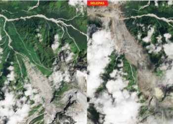IMEJ satelit menunjukkan sebelum dan selepas banjir besar melanda Nepal sehingga menyebabkan lebih 3,000 mangsa hilang. - AFP