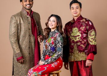 Kid Santhe, Shermaine dan Brian Loo menggayakan busana rekaan emysrentalboutique dan Rashid Moshi