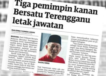 KERATAN akhbar laporan Utusan Malaysia berhubung krisis kepemimpinan Bersatu Terengganu.