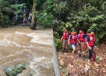 DUA remaja lelaki yang terperangkap dalam kejadian kepala air diselamatkan bomba dalam kejadian pada pukul 5.03 petang tadi di di kawasan perkelahan Sungai Bill, Slim River, Tanjung Malim hari ini. - FOTO IHSAN JBPM PERAK