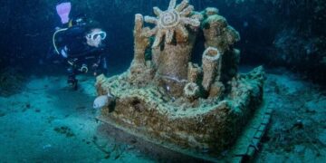 PENYELAM memeriksa terumbu karang tiruan yang diperbuat daripada cangkerang kupang terbuang di dasar laut di Teluk Telgraf, kawasan kejiranan Sigacik di Izmir.-AGENSI