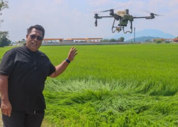 Halmi Desa menunjukkan penggunaan teknologi dron sebagai alat sokongan dalam mengoptimumkan  baja dan air di kawasan projek SMART SBB di Kampung Sama Gagah, Bukit Mertajam, Pulau