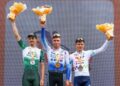 Juara peringkat keempat Le Tour de Langkawi (LTdL) 2026, Petr Rikunov diapit Javier Ibanez Beltran De Salazar (kiri) dan Alan Jousseaume selepas menamatkan perlumbaan dari Meru Raya-Cameron Highlands, Pahang, semalam. - UTUSAN/ISKANDAR ISHAK