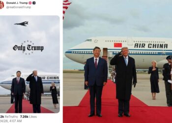IMEJ yang dimuat naik di platform Truth Social itu memaparkan Trump memberi tabik hormat di sebelah Jinping, dengan pesawat Air China di belakang mereka dan sebuah jet tentera terbang di ruang udara.- AGENSI