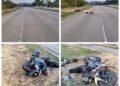 KEADAAN motosikal yang merempuh belakang lori di Persiaran Timur, berdekata Desa Pinggiran Putra.