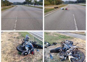 KEADAAN motosikal yang merempuh belakang lori di Persiaran Timur, berdekata Desa Pinggiran Putra.