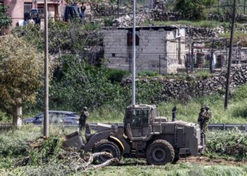 SEBUAH jentolak Israel mencabut pokok zaitun di Tebing Barat. - AFP