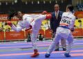 C. Shahmalarani (kiri) beraksi menentang lawannya dari Hong Kong, Tsang Yee Ting dalam final karate kumite bawah 50 kilogram sebelum menang pingat emas Sukan Asia Aichi-Nagoya 2026, semalam. - BERNAMA