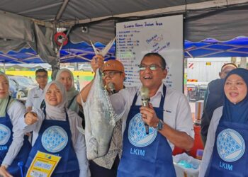 ABDUL SALIM Tajudin menunjukkan antara ikan segar yang dijual ketika melawat gerai sempena program Bazaar Himpunan Pemasar Ikan dan Hasil Akuakultur (BAHTERA) di Dataran Temerloh di Temerloh, Pahang. - UTUSAN/SALEHUDIN MAT RASAD
