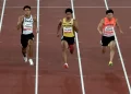 Azeem (tengah) ketika beraksi dalam separuh akhir 100m Sukan Asia Aichi-Nagoya 2026, hari ini.