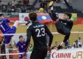 Regu berpasukan lelaki negara, Mohamad Azlan Alias, Farhan Adam dan Mohammad Syahir Mohd Rosdi beraksi menentang Thailand pada final acara regu sepak takraw berpasukan pada Sukan Asia Aichi-Nagoya 2026 di Paloma Mizuho Arena, hari ini. -BERNAMA