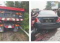 LORI yang merempuh 11 kenderaan termasuk Nissan Almera di persimpangan lampu isyarat Alam Budiman, Persiaran Mokhtar Dahari, Shah Alam kelmarin.