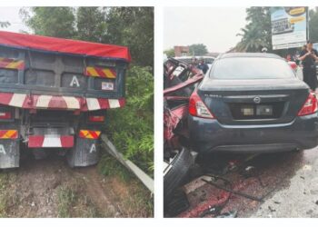 LORI yang merempuh 11 kenderaan termasuk Nissan Almera di persimpangan lampu isyarat Alam Budiman, Persiaran Mokhtar Dahari, Shah Alam kelmarin.