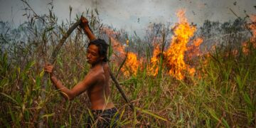 SEORANG penduduk menarik hos bomba melalui belukar dan tanah gambut ketika membantu memadamkan kebakaran hutan di Ogan Ilir, wilayah Sumatera Selatan.- AFP