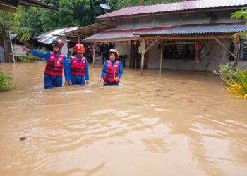 ANGGOTA Angkatan Pertahanan Awam (APM) Daerah Pendang meninjau keadaan banjir di Kampung Tanjung Setol di Pendang.