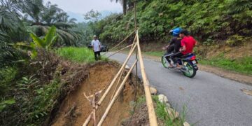 JALANI Rasid menunjukkan keadaan jalan yang rosak di Kampung Makmur, Hulu Kinta dekat Ipoh semalam. – UTUSAN/AIN SAFRE BIDIN