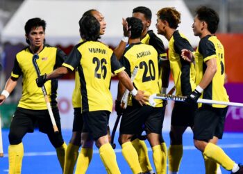 PEMAIN-Pemain Speedy Tigers meraikan jaringan penyamaan dijaringkan Shello Silverius pada aksi final hoki lelaki Sukan Asia Aichi-Nagoya 2026 di Stadium Kawasaki Juko, Kakamigahara, Gifu, hari ini.-IHSAN Asian Hockey Federation