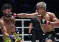 PETARUNG Negara, Johan Ghazali (kanan) melepaskan tumbukan padu mengenai tepat di muka Diego Paez dalam pertarungan kategori flyweight pada acara The Inner Circle 35 di Stadium Lumpinee, Bangkok, kelmarin.-IHSAN ONE Championship