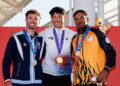 PEMENANG pingat ILCA 7 Sukan Asia Aichi-Nagoya, Nicholas Halliday (tengah), Jeemin Ha (kiri) dan Khairulnizam Mohd Afendy bergambar selepas perlumbaan akhir di Jepun. - Junichi Hirai