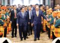 ANWAR Ibrahim mengiringi Min Aung Hlaing untuk jamuan makan tengah hari di Kompleks Seri Perdana, Putrajaya sempena lawatan kerja Presiden Myanmar ke Malaysia semalam. – BERNAMA