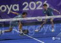 AKSI beregu lelaki padel negara, Christian Didier Chin-Aidan Yunus ketika berdepan pasangan Qatar, Mashari Naif-Rashed Naif dalam aksi final di Pusat Sukan Nagoya City Higashi, hari ini.-BERNAMA