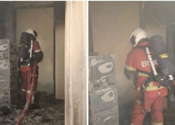SEBUAH bilik asrama di Mahallah Ali, Universiti Islam Antarabangsa Malaysia (UIAM), terbakar kira-kira 80 peratus dalam kejadian tengah hari tadi. - Ihsan BBP Selayang