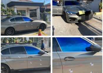 SEBUAH kereta jenis BMW yang terdapat kesan tembakan dipercayai dilepaskan oleh dua individu bermotosikal di Taman Hijau, Kampung Koh, Sitiawan dekat Lumut semalam.