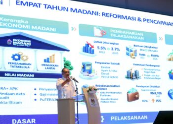 ANWAR Ibrahim ketika berucap pada Majlis Perhimpunan Bulanan Kementerian Kewangan di Putrajaya. - UTUSAN/FAISOL MUSTAFA
