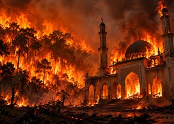 Ilustrasi menunjukkan sebuah masjid musnah dalam kebakaran akibat pembakaran hutan oleh segelintir pihak yang tidak bertanggungjawab. - GAMBAR HIASAN