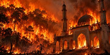 Ilustrasi menunjukkan sebuah masjid musnah dalam kebakaran akibat pembakaran hutan oleh segelintir pihak yang tidak bertanggungjawab. - GAMBAR HIASAN