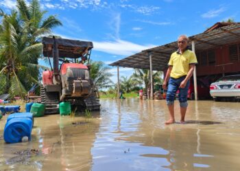 HANAPIAH Ahmad Hussin menunjukkan kawasan rumahnya yang sudah tiga hari digenangi air akibat limpahan dari sawah di Telok Pial, Kuala Kurau di Parit Buntar hari ini. – UTUSAN/WAT KAMAL ABAS