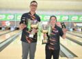 Atlet Boling Tenpin negara, Muhammad Syafiq Ridhwan Abdul Malek bersama Gillian Lim merangkul kejuaraan Kejohanan Boling Terbuka Kebangsaan ke-48 dalam kategori Terbuka Lelaki dan Wanita di Sunway Megalanes, kelmarin. - IHSAN MTBC