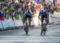PELUMBA Belgium, Remco Evenepoel (kiri) memecut untuk melepasi garisan penamat bagi menjuarai acara lebuh raya elit lelaki Kejohanan Berbasikal Jalan Raya Eropah (UEC) di Sencur, berhampiran Ljubljana, Slovenia, semalam, dengan pelumba Itali, Giulio Ciccone (kanan) di tempat kedua. - AFP