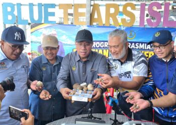 MOHD. Zolkafly Harun  (tengah) menunjukkan hasil kerang Perak di Bagan Datuk hari ini. - UTUSAN/AIN SAFRE BIDIN