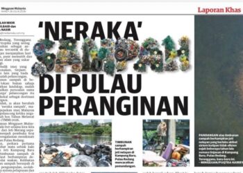 KERATAN akhbar laporan Mingguan Malaysia isu timbunan sampah di Pulau Redang, Terengganu.