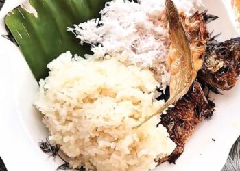 Pulut kukus bersama ikan kering dan kelapa parut.