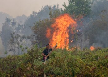 SEORANG lelaki membantu memadamkan kebakaran di Banjar, Kalimantan. - AFP