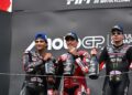 PELUMBA Ducati, Marc Marquez (tengah) meraikan kemenangan bersama pelumba Aprilia Racing, Jorge Martin (kiri) yang menduduki tempat kedua dan Marco Bezzecchi di tempat ketiga selepas perlumbaan MotoGP Grand Prix Jepun di Mobility Resort Motegi, Motegi, Tochigi, semalam. - AFP