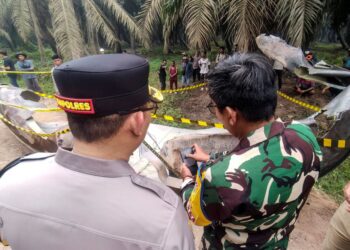 ORANG ramai berkumpul di sekeliling serpihan logam besar yang hangus dipercayai daripada roket, di sebuah ladang kelapa sawit di Kalimantan. - AFP.