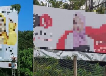 ANTARA papan iklan tidak berlesen yang ditampal notis dalam satu operasi MBS di Lebuh Raya Utara Selatan dekat Seremban, baru-baru ini.– IHSAN MAJLIS BANDARAYA SEREMBAN