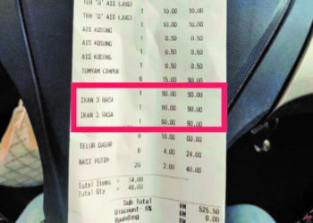 RESIT bayaran yang tertera harga ikan siakap RM90 seekor di sebuah restoran di Putrajaya.